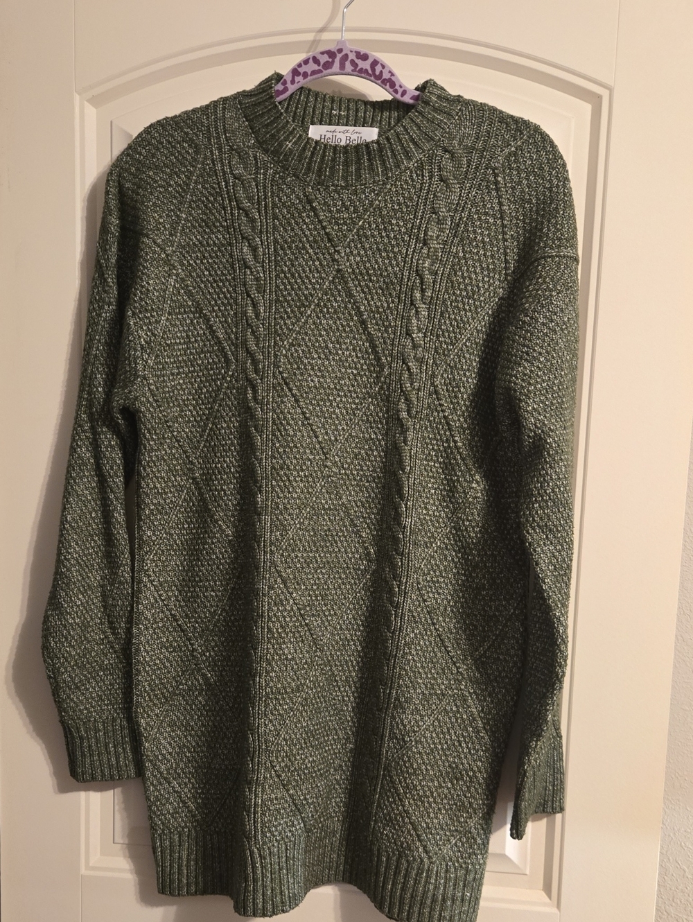 Olive Cable Knit Crewneck Sweater Dress